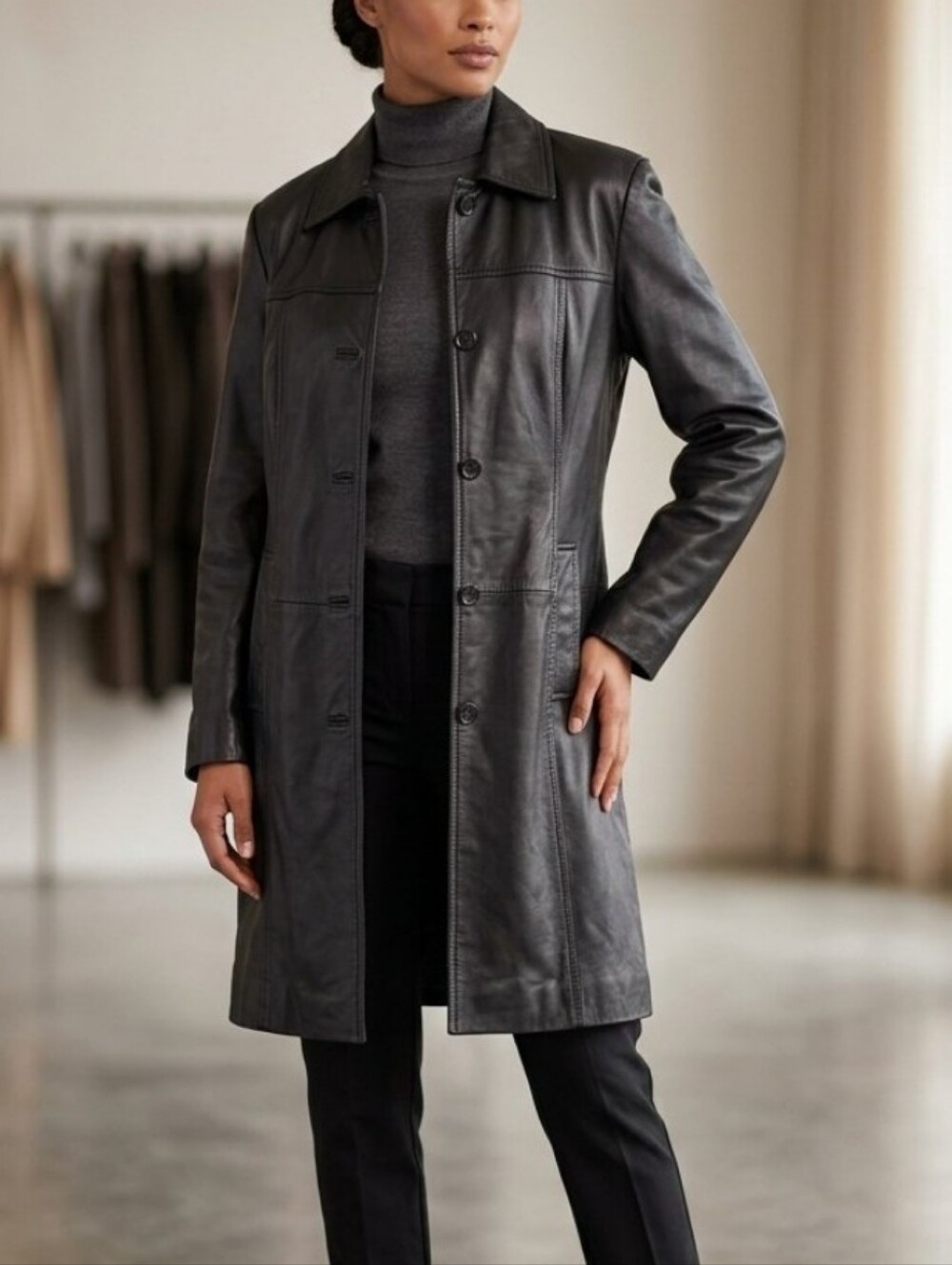 Vintage Middlebrook Park Black Leather Button-Front Trench Coat Jacket